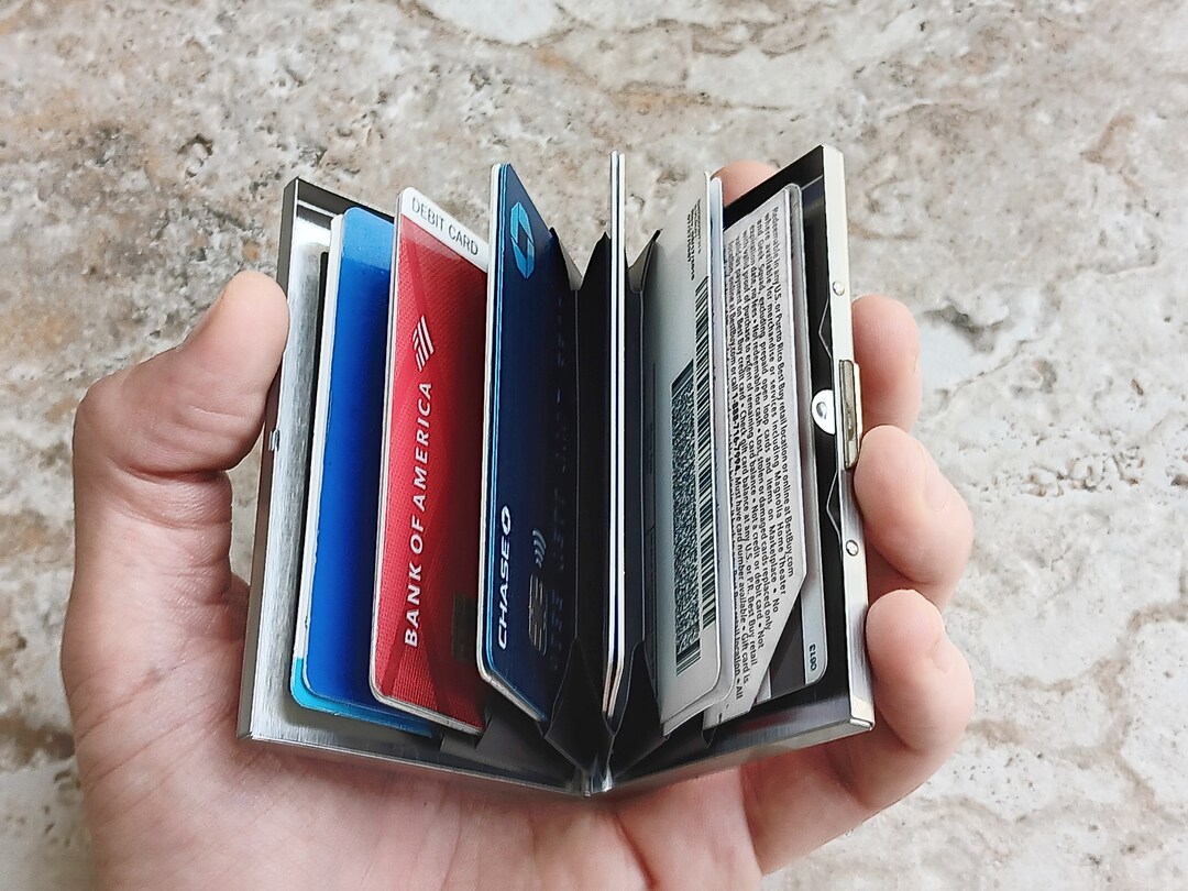 Custom Engraved Stainless Steel RFID Blocking Credit Debit Business Card Holder Wallet with Release Button Metal Case Celtic Text | MakerPlace by Michaels Custom Engraved Stainless Steel RFID Blocking Credit Debit Business Card Holder Wallet with Release Button Metal Case Celtic Text | MakerPlace by Michaels